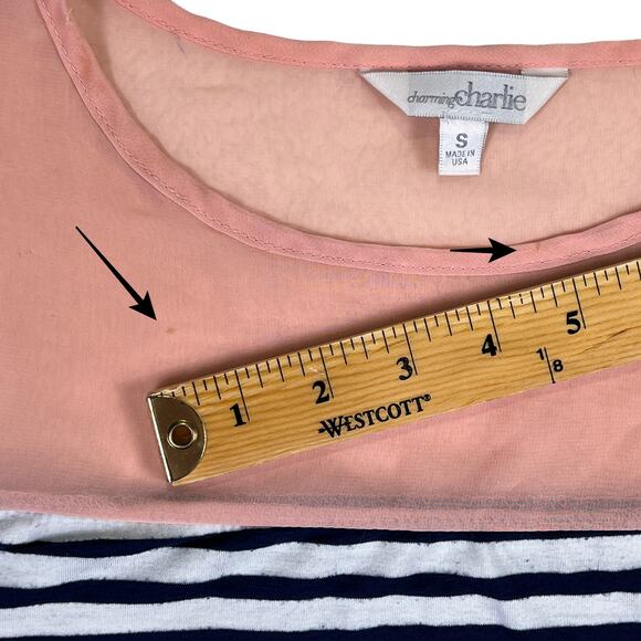 Charming Charlie Sleeveless Stripe Tee Shirt Blouse Sheer Peach Chiffon Shoulder - Picture 6 of 11